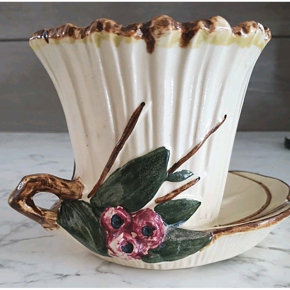 McCoy Pottery Fancy Leaf Berry Planter On Attached Saucer Vintage Art Pottery - Picture 3 of 8